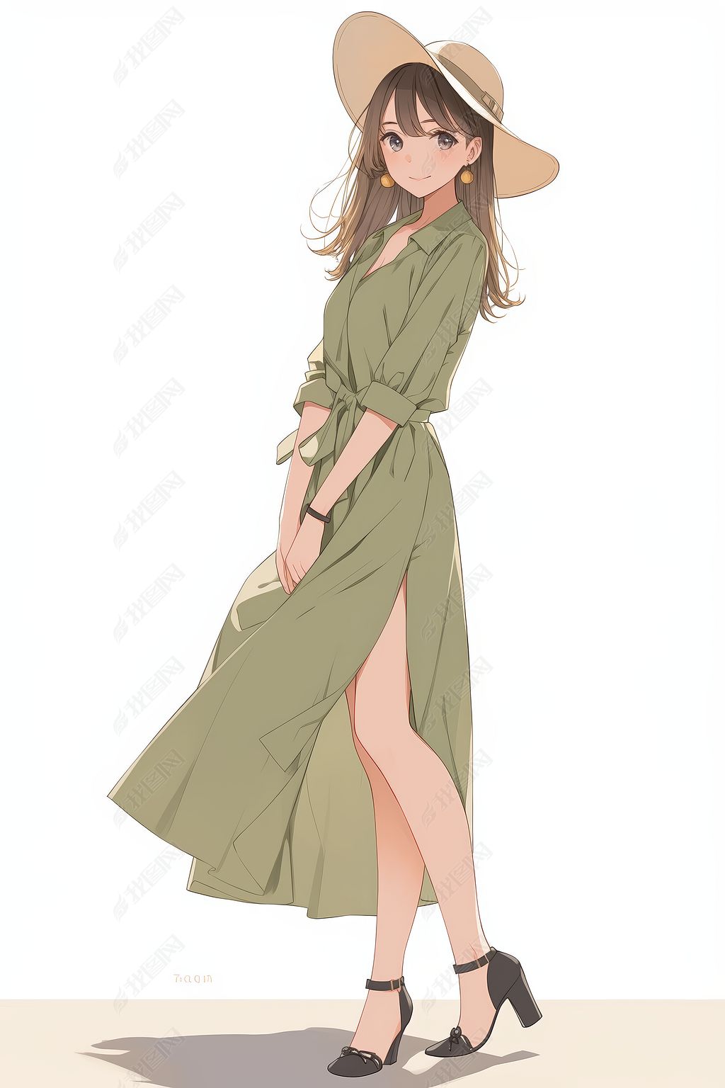 原创身穿绿色连衣裙戴着帽子的动漫女孩高清插画图片