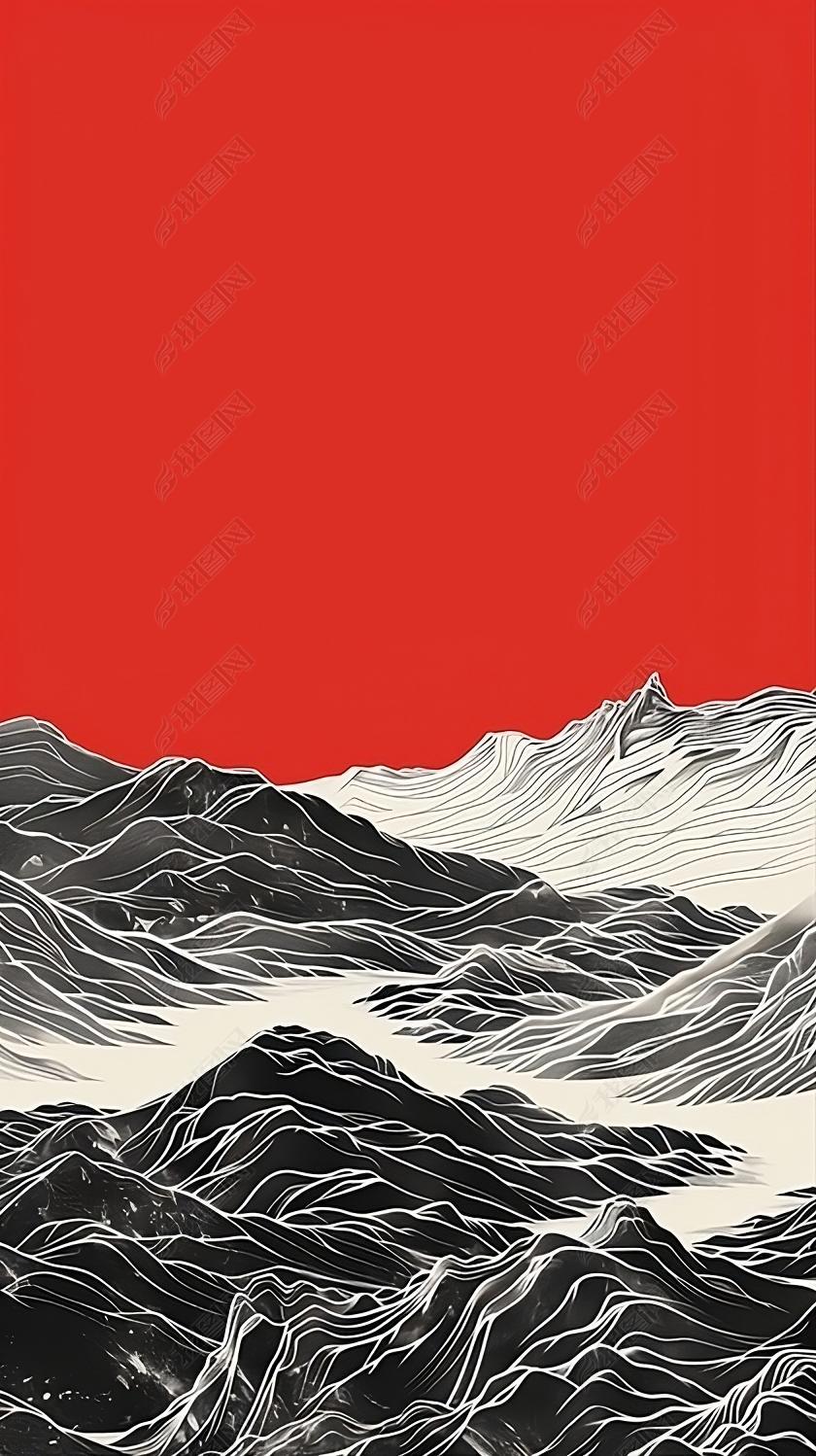 原创红色背景黑白线条山川河流国风插画背景海报背景素材