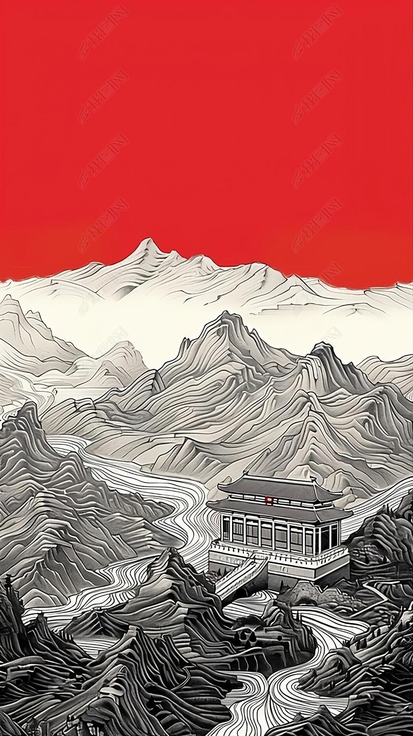您当前访问作品主题是红色背景黑白线条山川河流国风插画背景海报背景