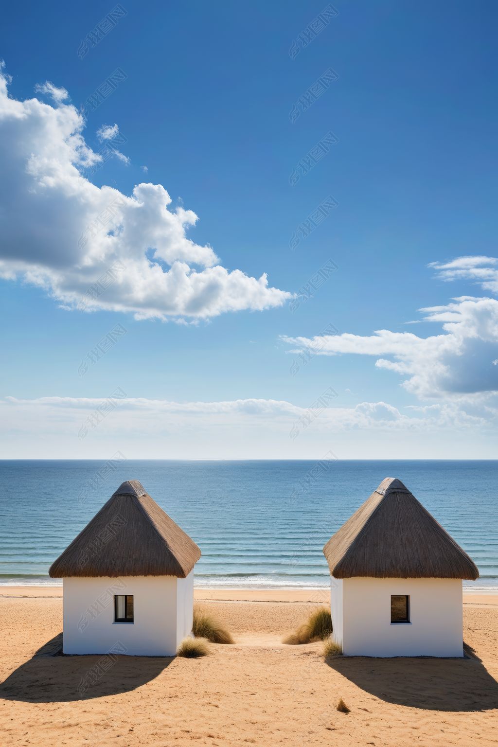 原创海滩有两间茅草屋顶小屋图片-版权可商用