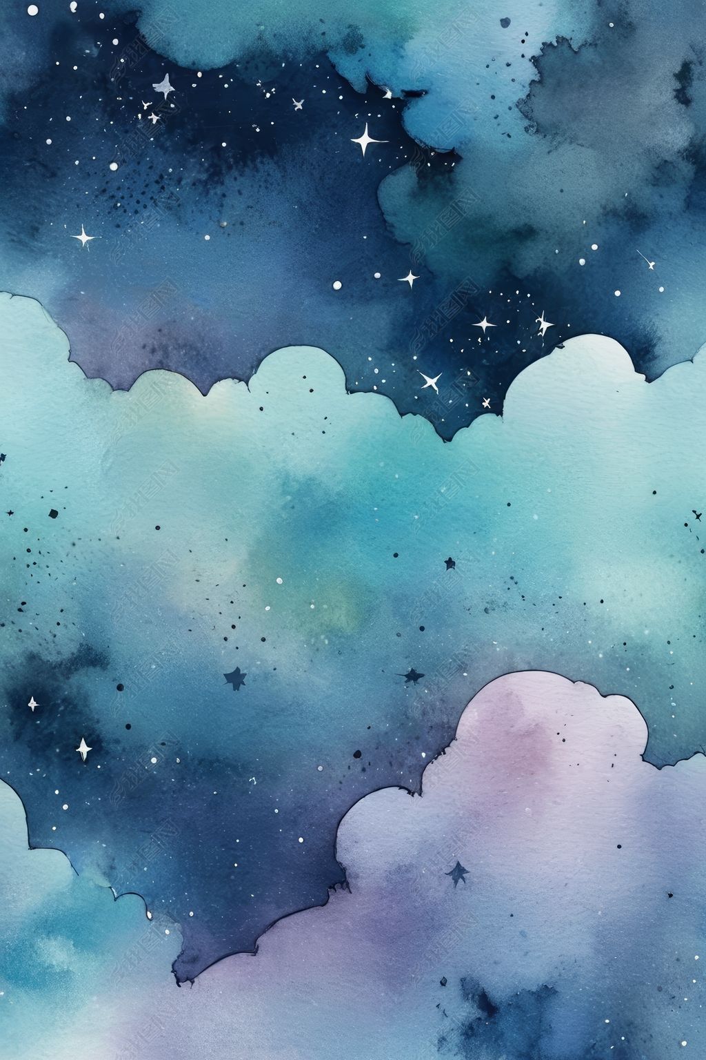 原创星空夜空云彩星星用水彩画图片-版权可商用