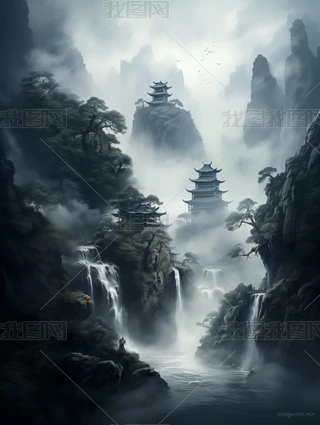 水墨瀑布 ink-painting-featuring-pagoda-