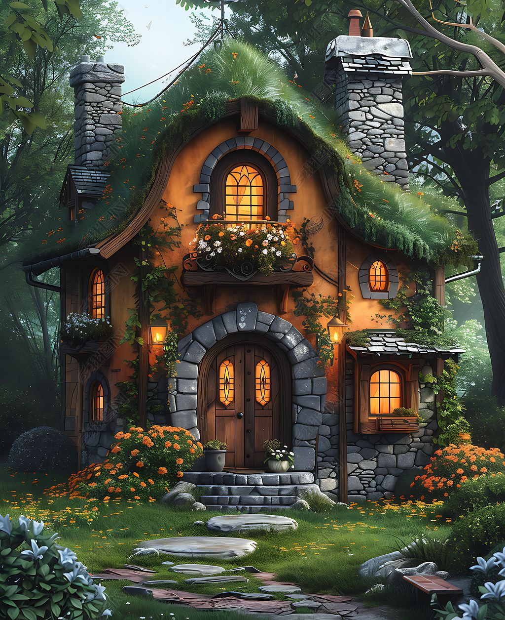 原创童话故事古树房屋背景素材-版权可商用