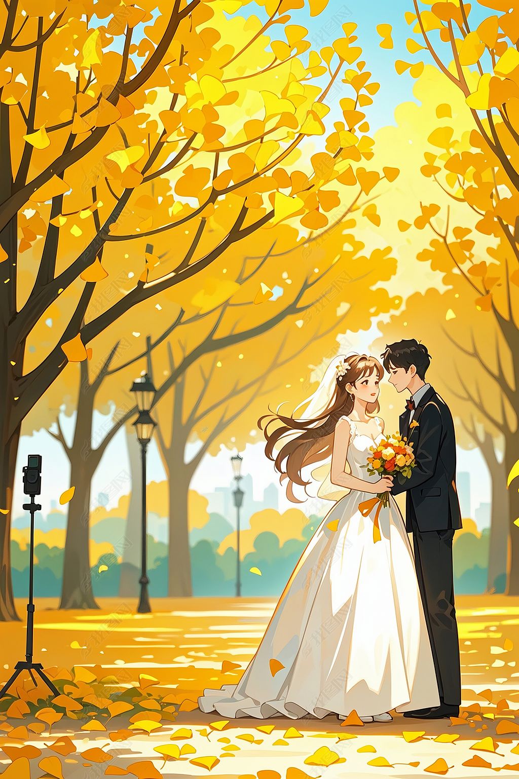 原创金黄色的树下情侣婚纱,金秋