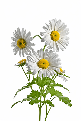 花瓶里有三朵白色的雏菊花瓶里有绿色的叶子高清图片