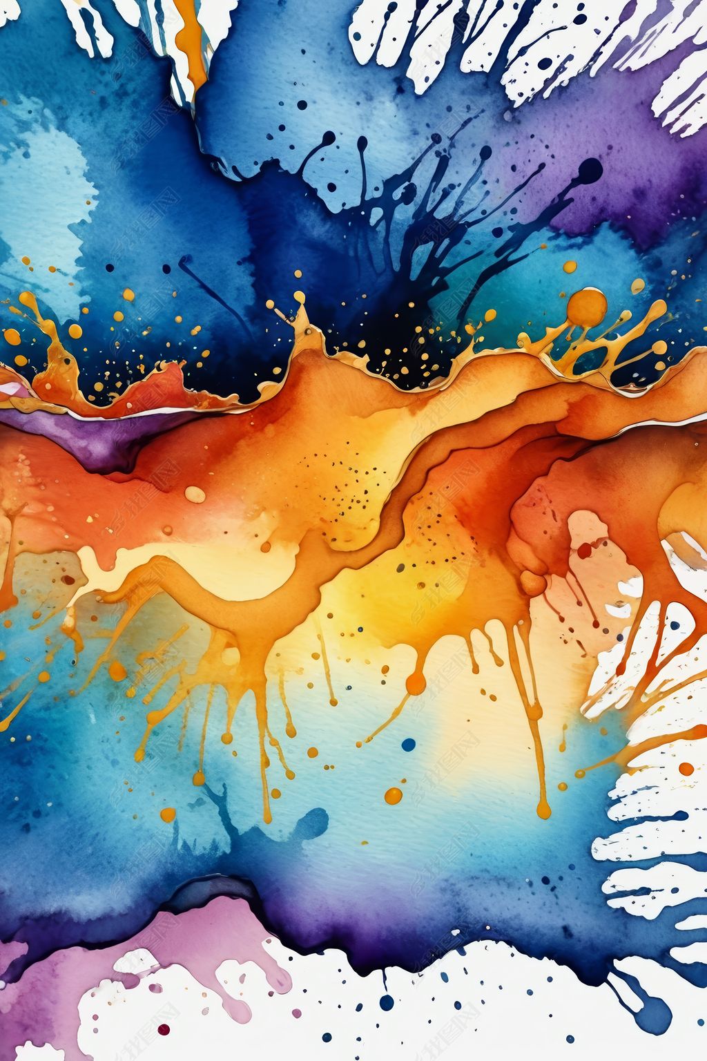 原创用橙色和蓝色颜料绘制的彩色抽象画高清图片
