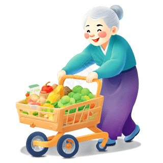 老人推着购物车买菜