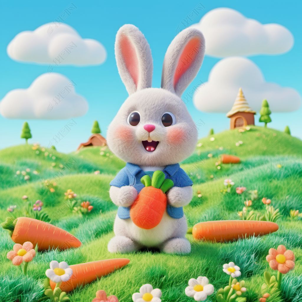 原创毛毡毛绒卡通兔子在吃一根胡萝卜头像
