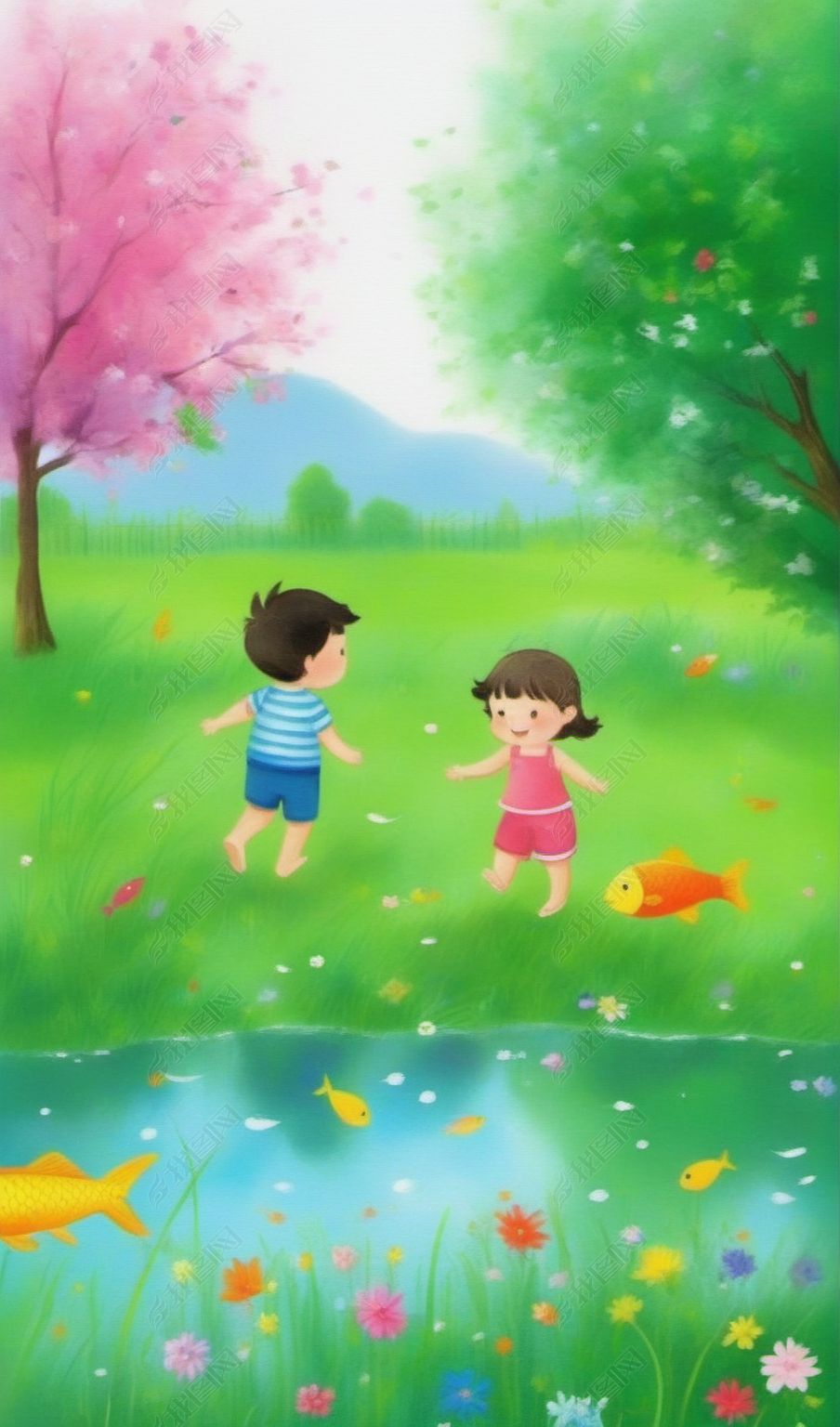 原创插画国风夏天两个小孩男孩女孩在河边玩耍-版权可商用