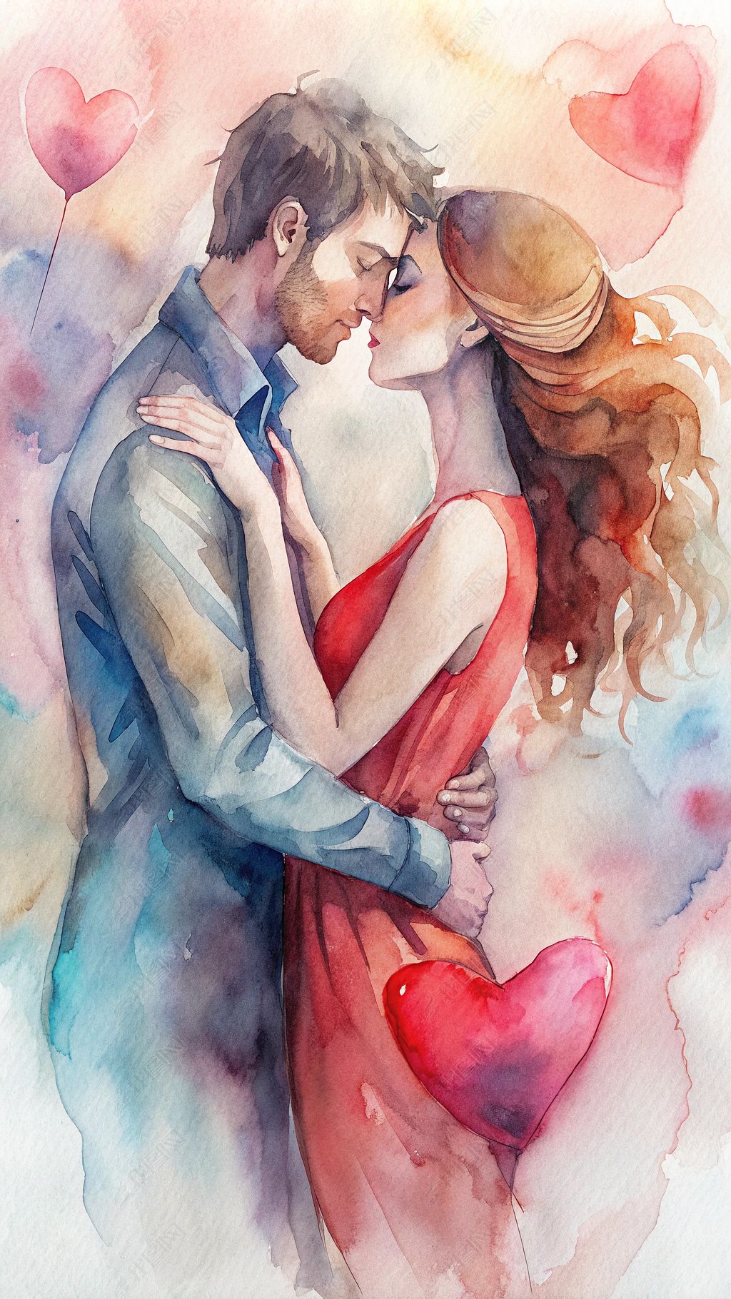 原创情人节情侣爱情小清新水彩画牵手拥抱