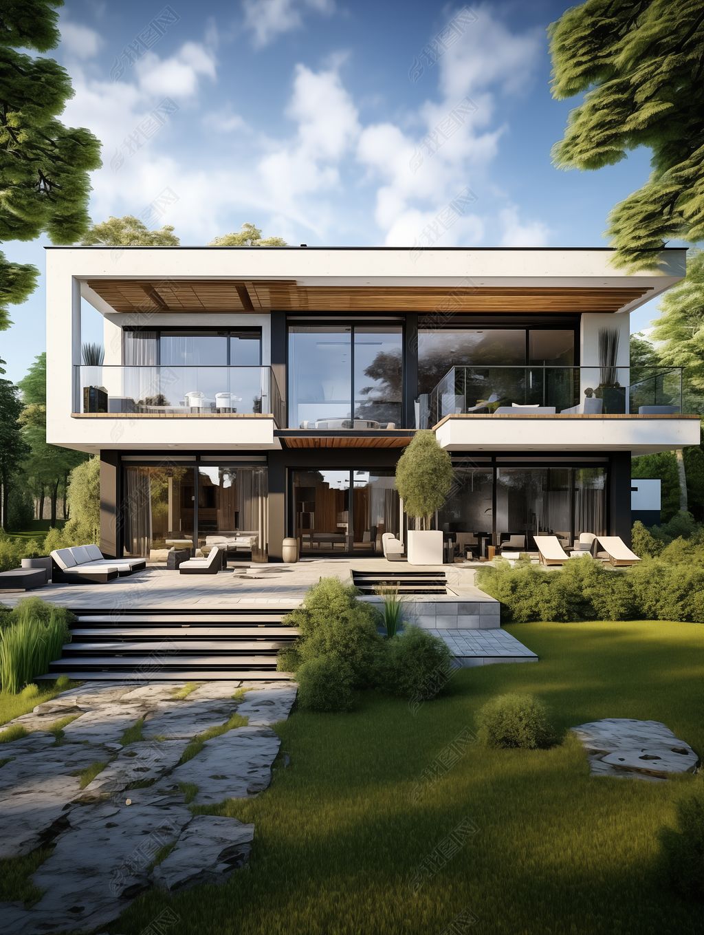 原创豪华别墅私人游泳池庭院设计效果图装饰画-版权可商用