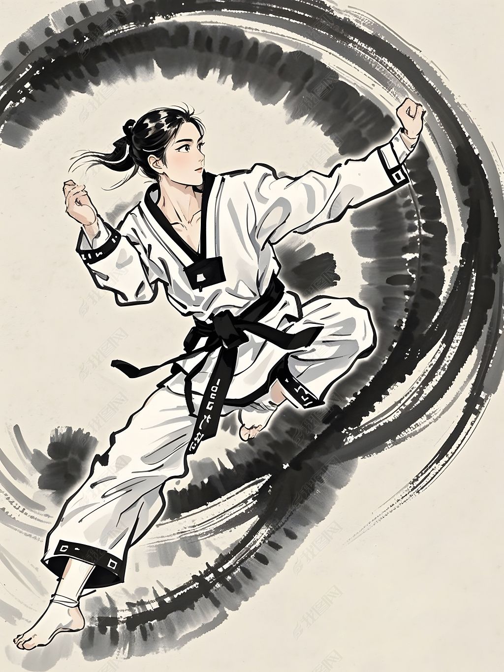 原创水墨画跆拳道运动员跆拳道体育中国风运动员版权可商用