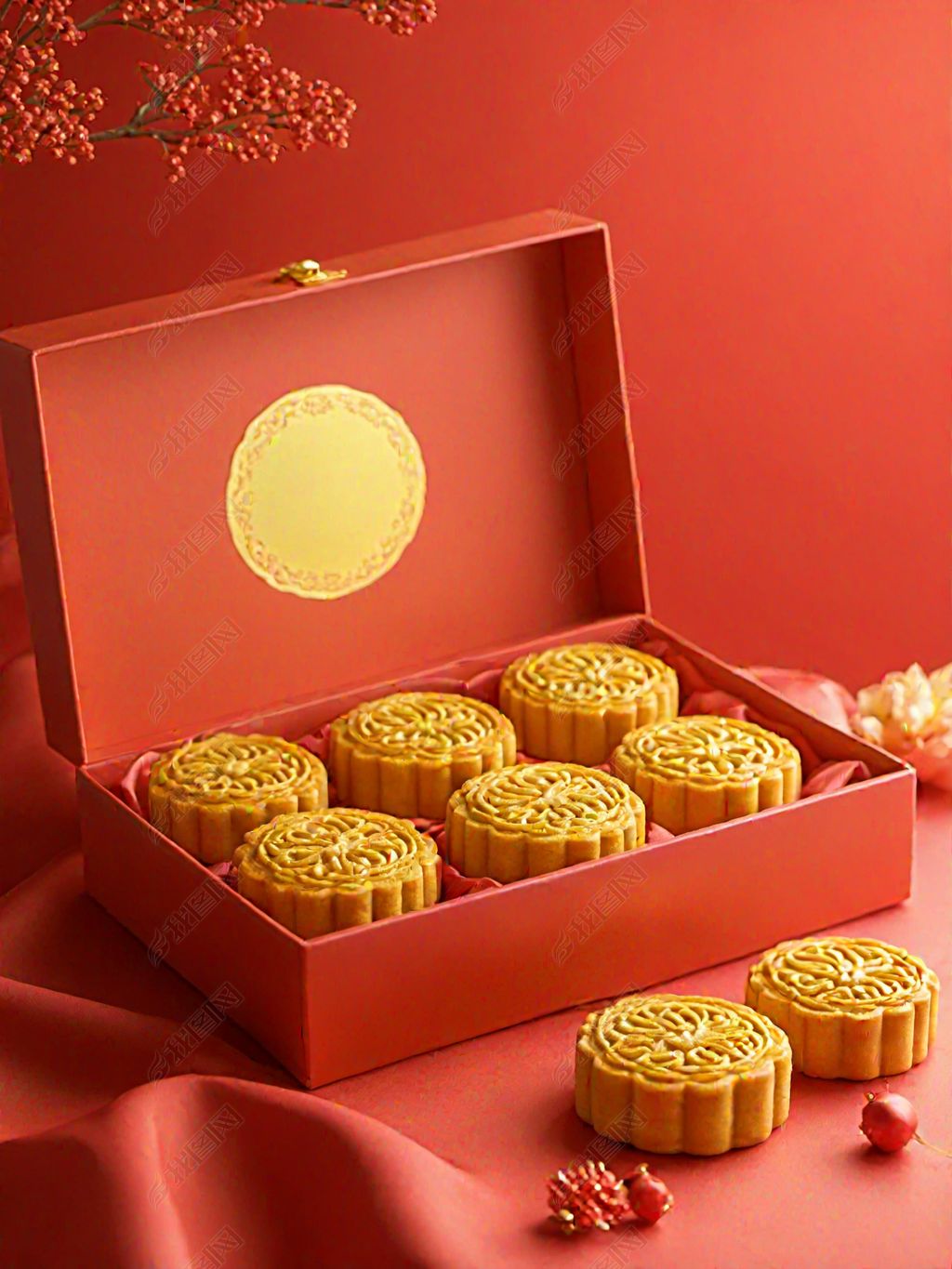 原创中秋月饼红色礼盒摄影图-版权可商用