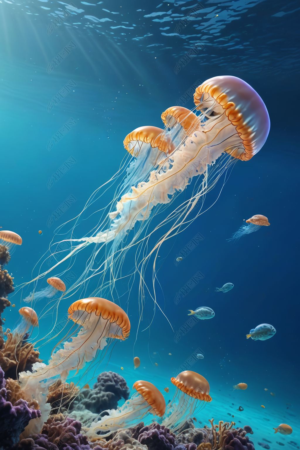 原创水母和其他鱼在蓝海中游泳的插图高清图片-版权可商用