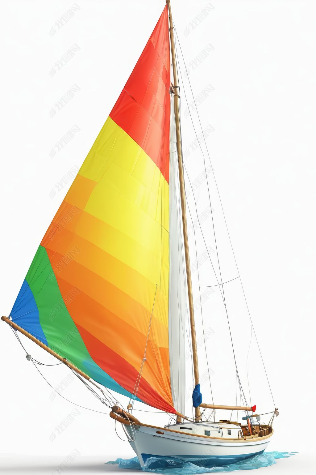 原创白色背景上有一艘带有彩色帆的帆船的漫画高清图片