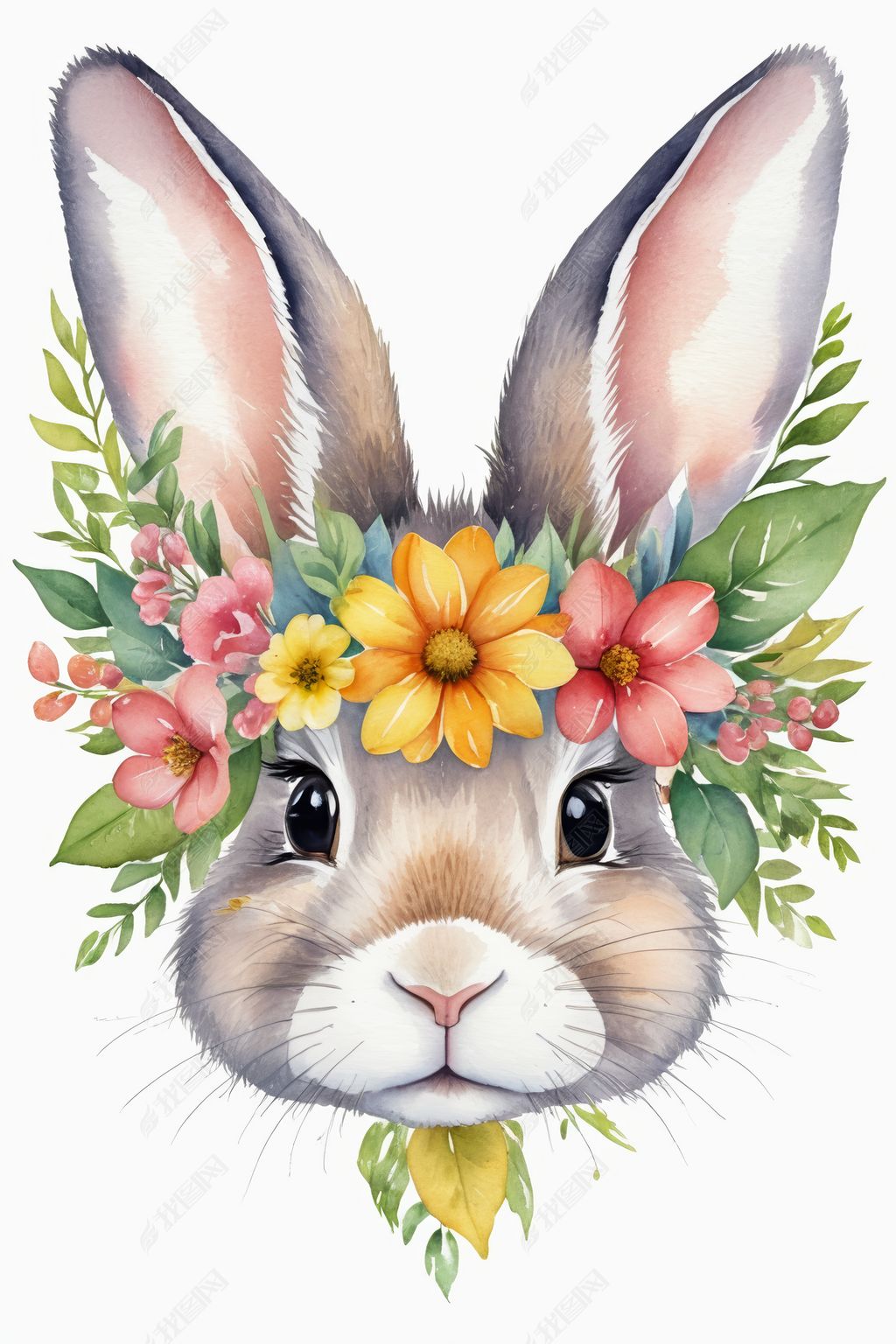 原创水彩画兔子的脸有花和叶高清图片