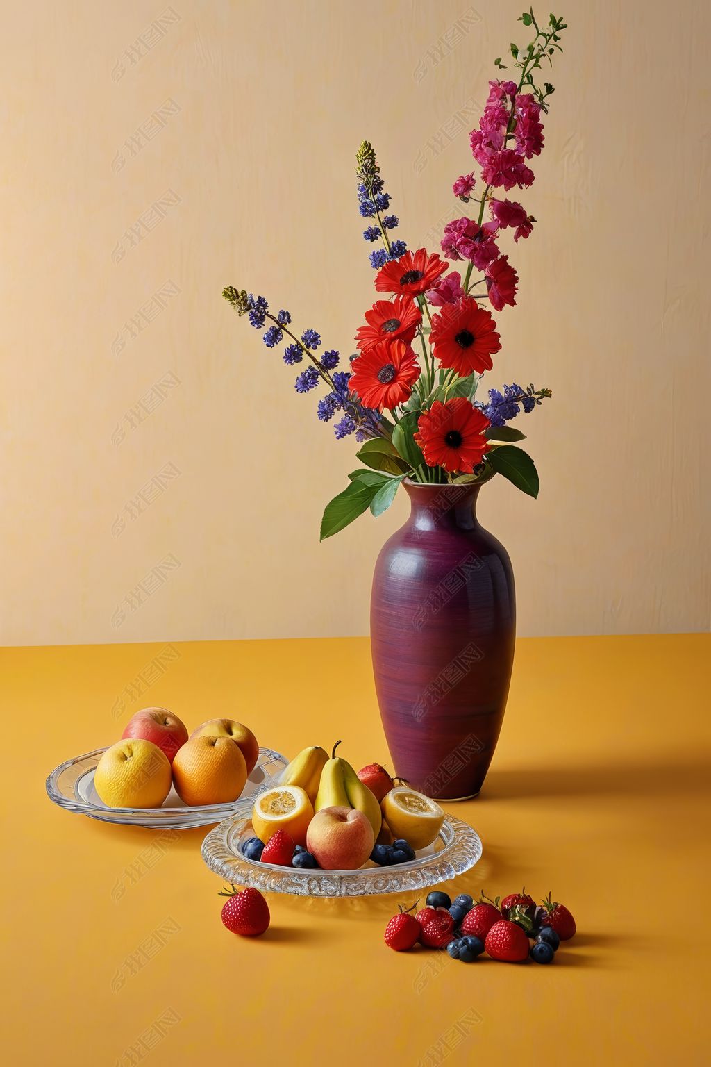 原创桌子上放着鲜花和水果的花瓶高清图片-版权可商用