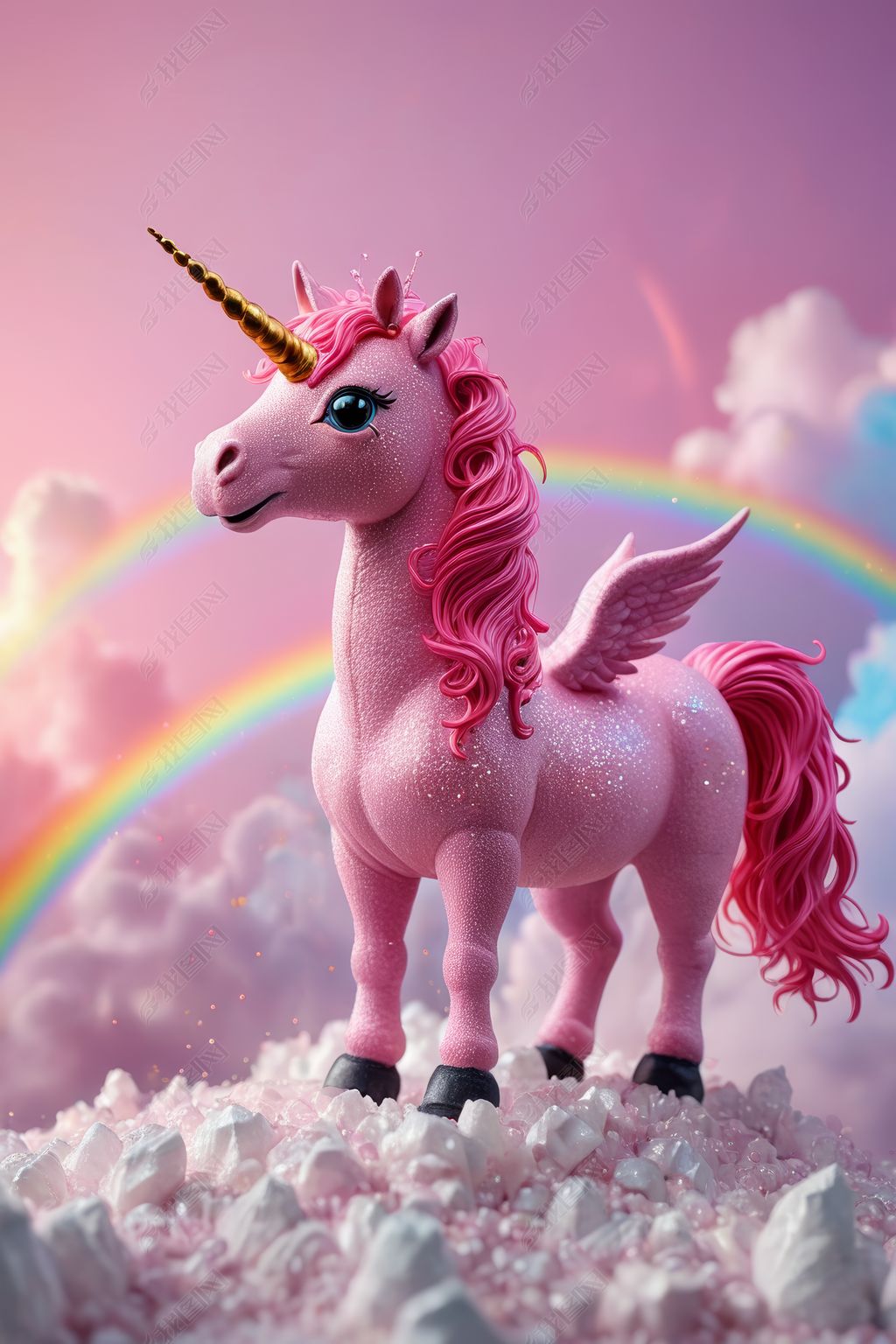 原创一只粉红色的独角兽矗立在彩虹的顶部高清图片