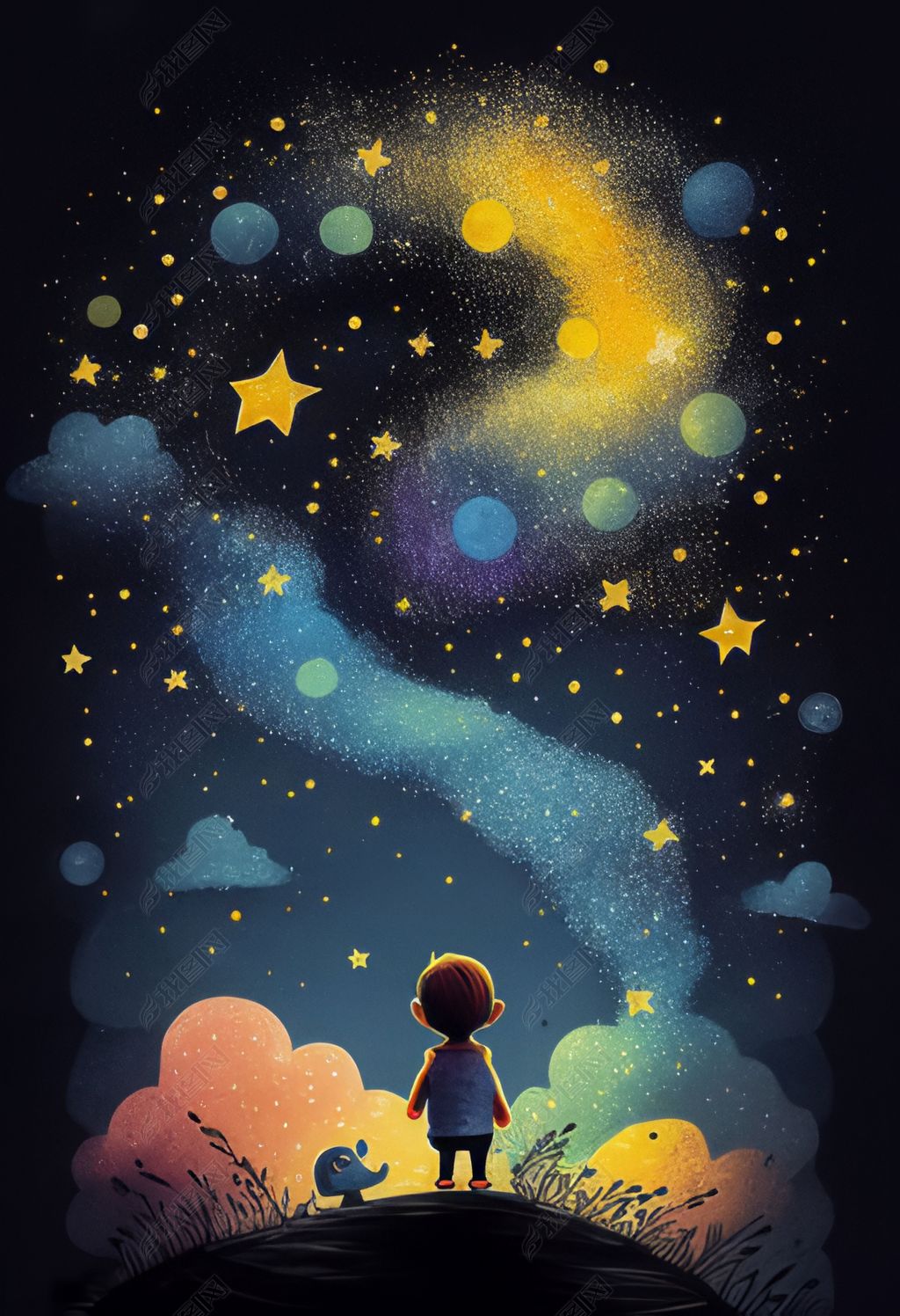 原创幻想浪漫繁星夜空孩童儿童插画