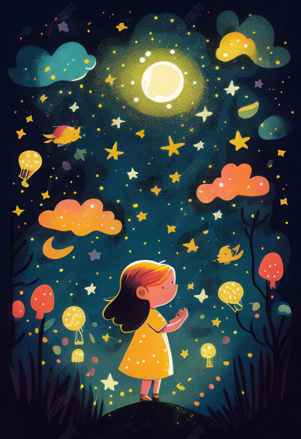 原创幻想浪漫繁星夜空孩童儿童插画