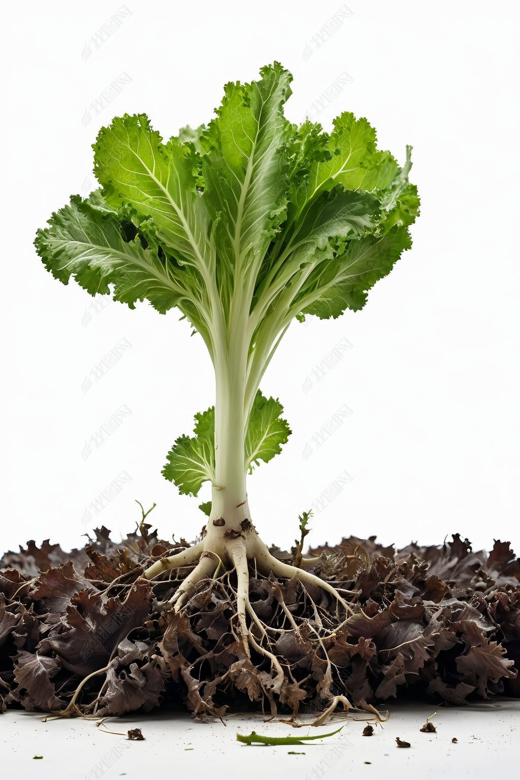 原创白色表面有根的叶状蔬菜的特写高清图片-版权可商用
