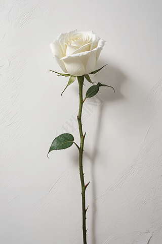 白色墙上的一朵白玫瑰的特写高清图片