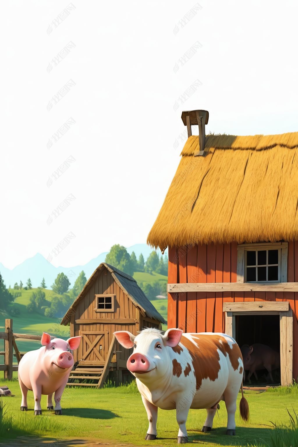 原创卡通农场场景小屋前有一头牛和猪高清图片