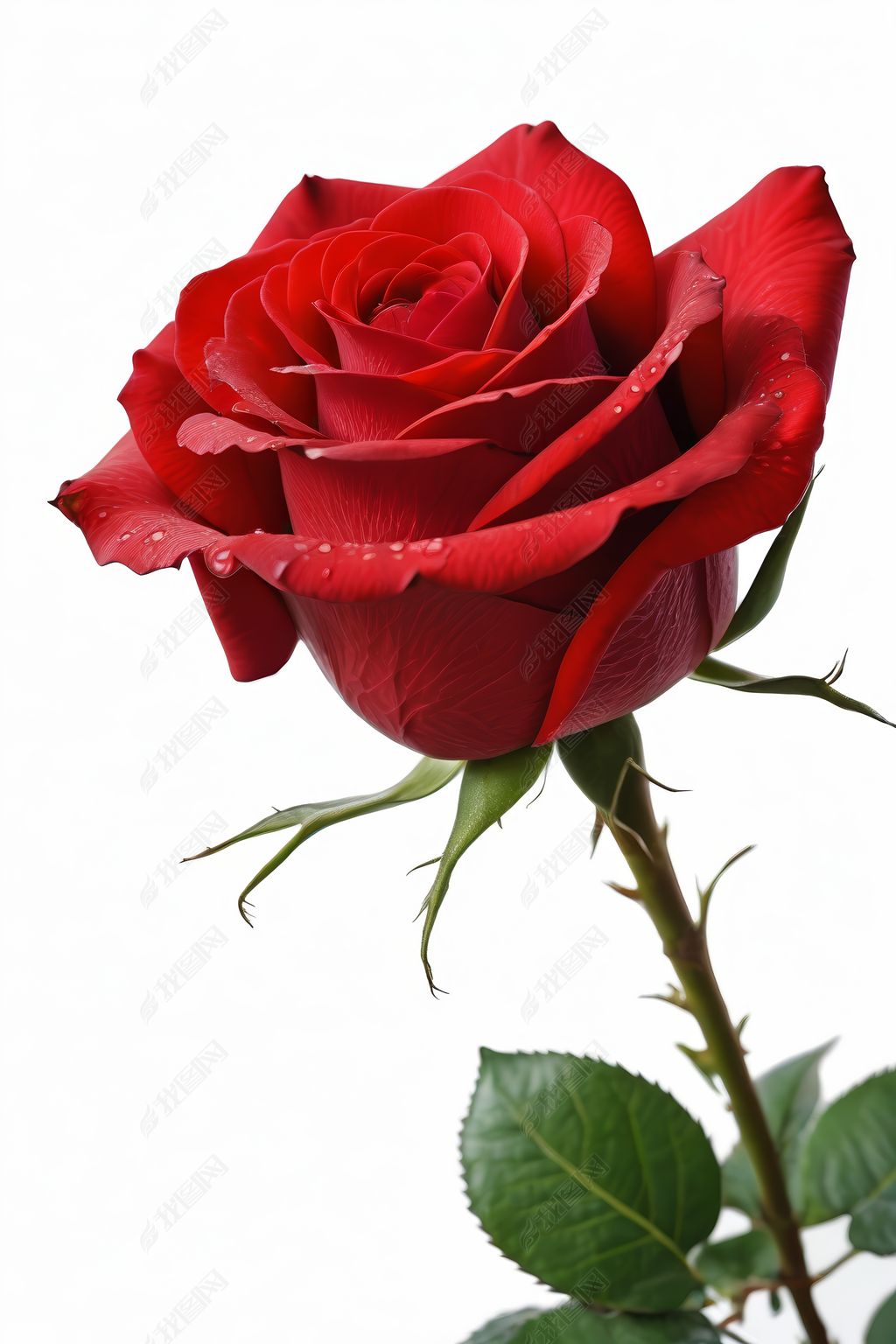 原创一朵红玫瑰长在有叶子的茎上高清图片