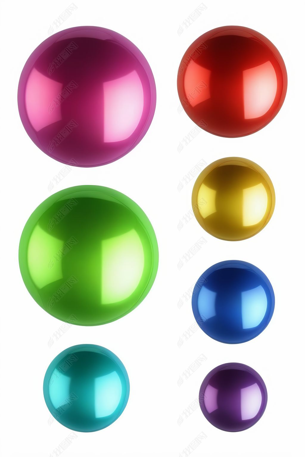 原创白色背景上的一组六个闪亮的彩色球体高清图片