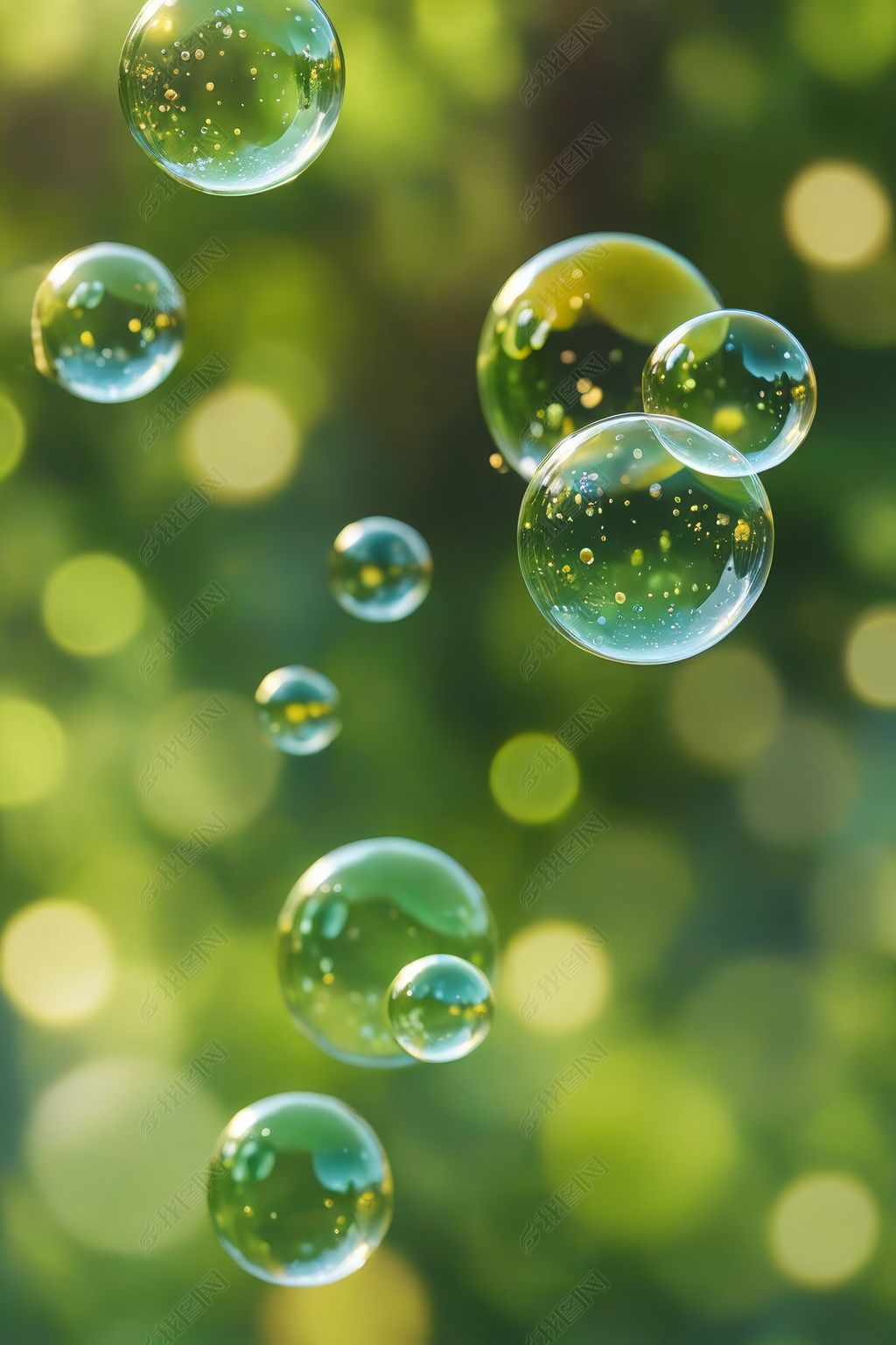 原创空气中漂浮着绿色散景背景的气泡高清图片