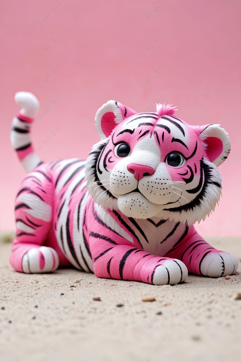 原创一个粉色和白色的老虎玩具坐在地上高清图片