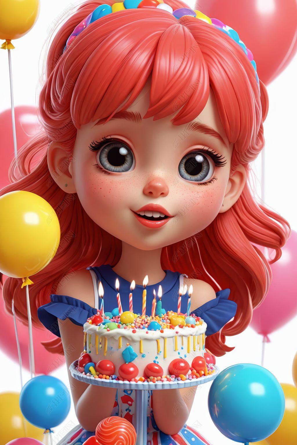 原创一个拿着生日蛋糕和棒棒糖的卡通女孩高清图片