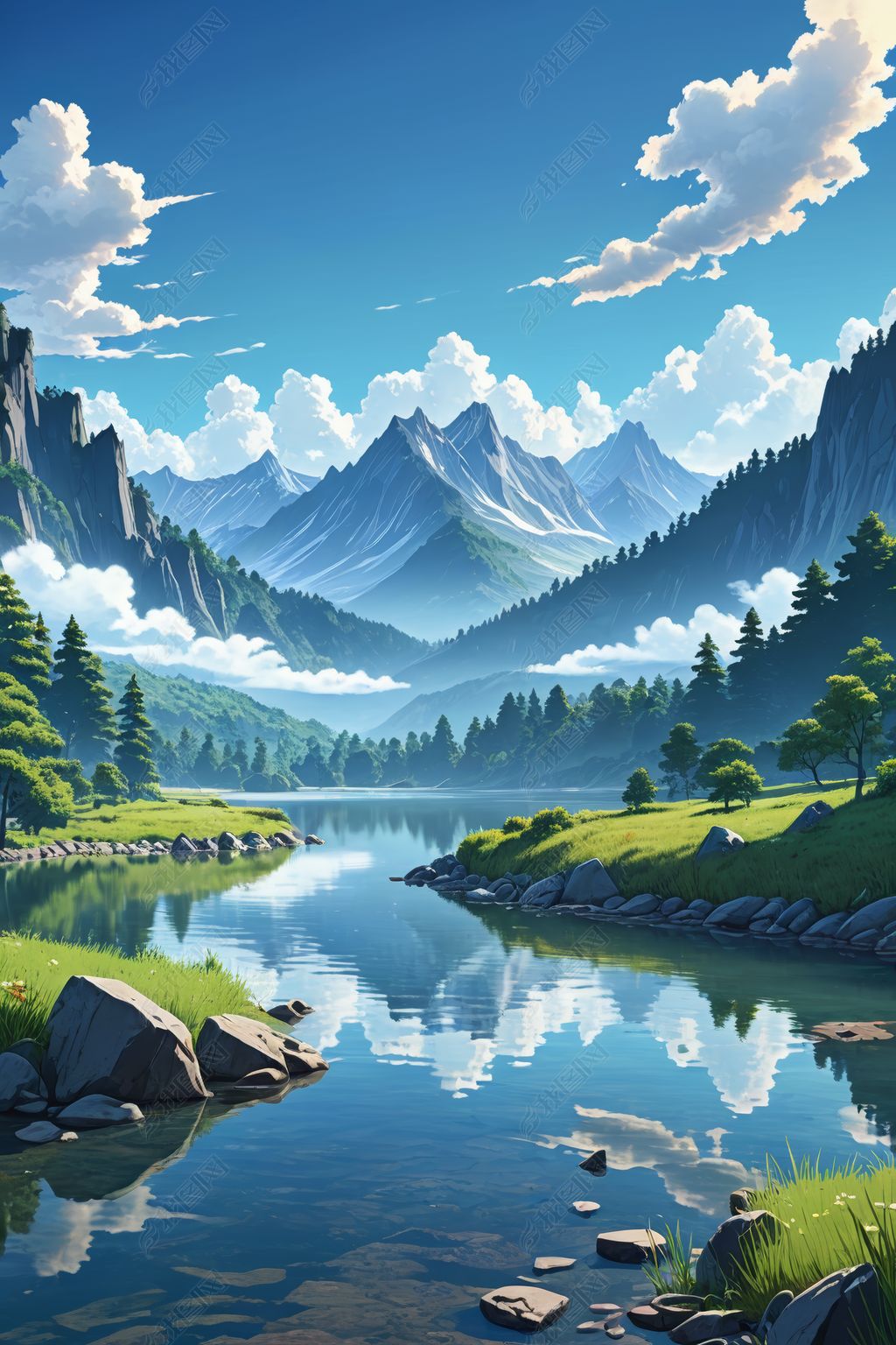 原创以湖光山色为背景的动漫风景高清图片