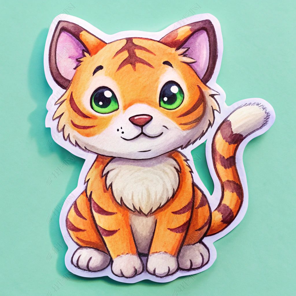 原创可爱老虎贴纸手绘风格儿童绘画创意设计素材-版权可商用