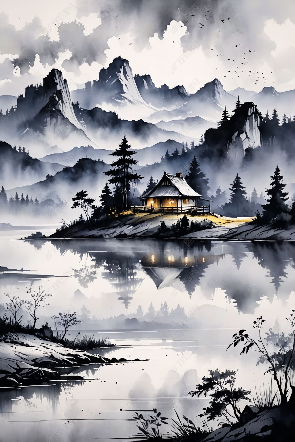 原创手绘风意境水墨山水风景画图片-版权可商用