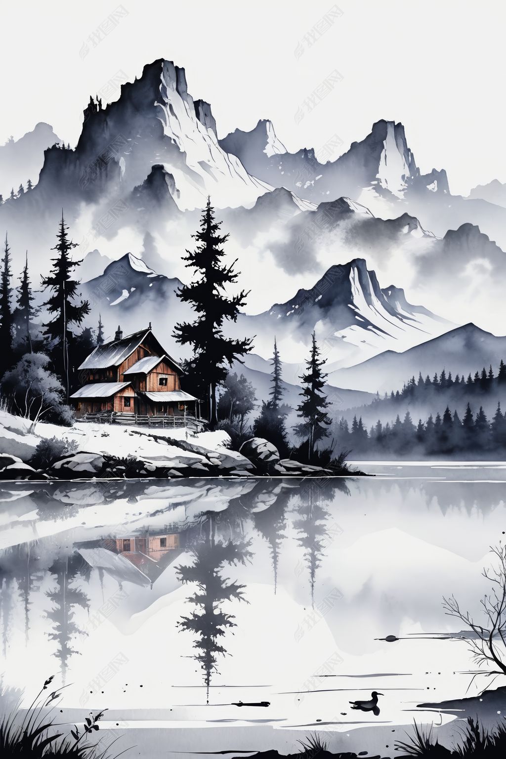 原创手绘风意境水墨山水风景画图片-版权可商用