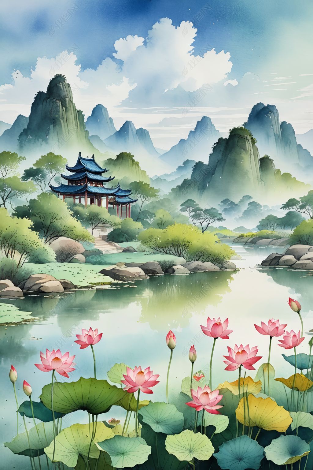 原创小清新水彩风格古风风景插画秋收图片版权可商用