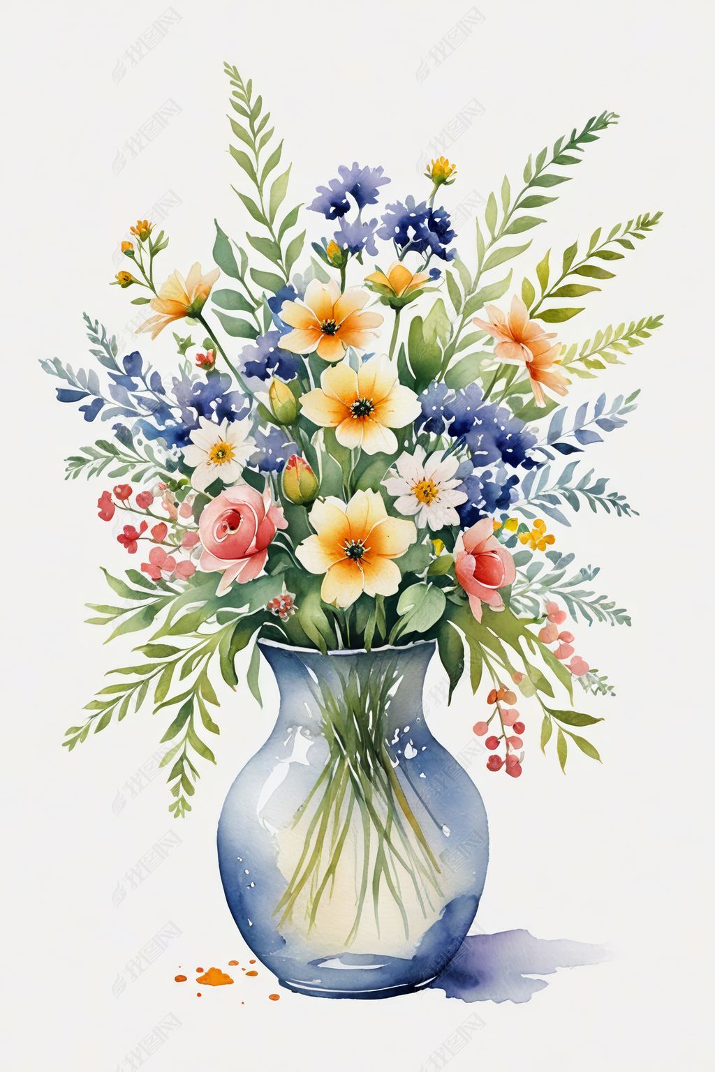 原创手绘水彩板绘绿仙洞龟背竹植盆栽插画图片