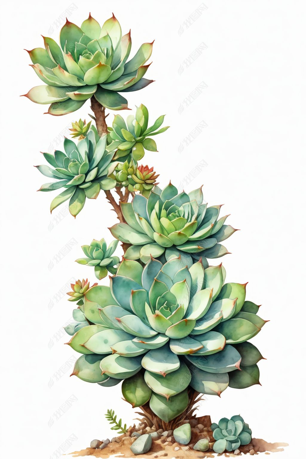 原创手绘水彩多肉鹿角老桩植物插画图片