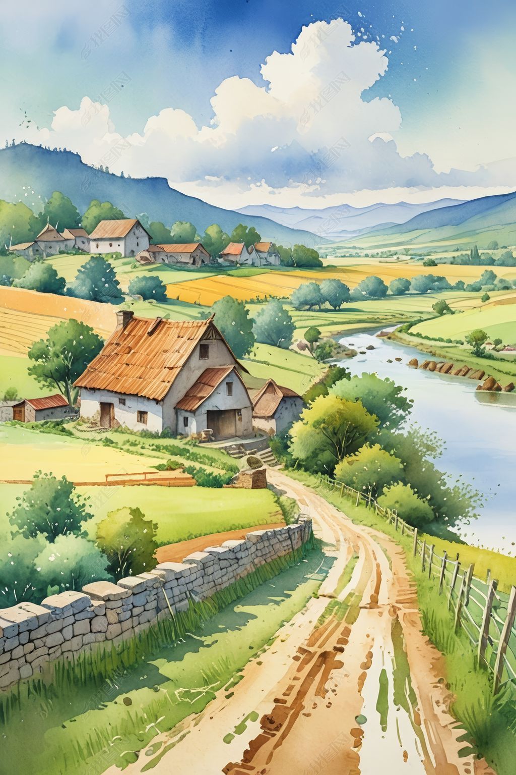 原创小清新水彩风格古风风景插画农田图片