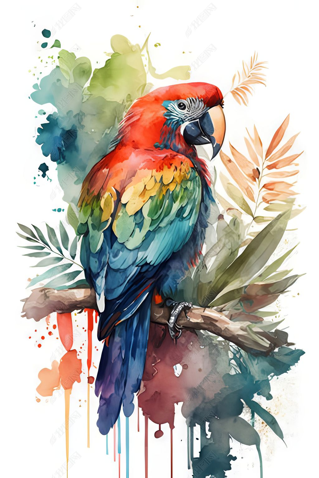 原创手绘鹦鹉花卉植物叶子水彩画装饰画