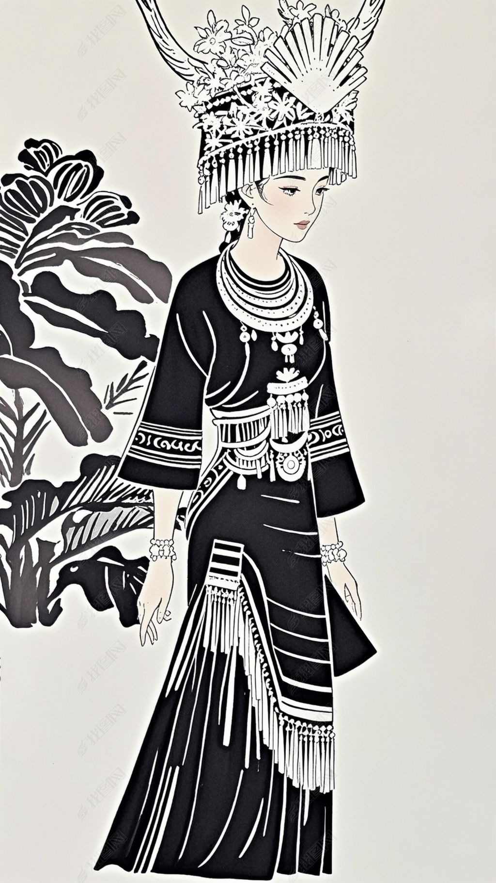 原创线描苗族女孩少数民族