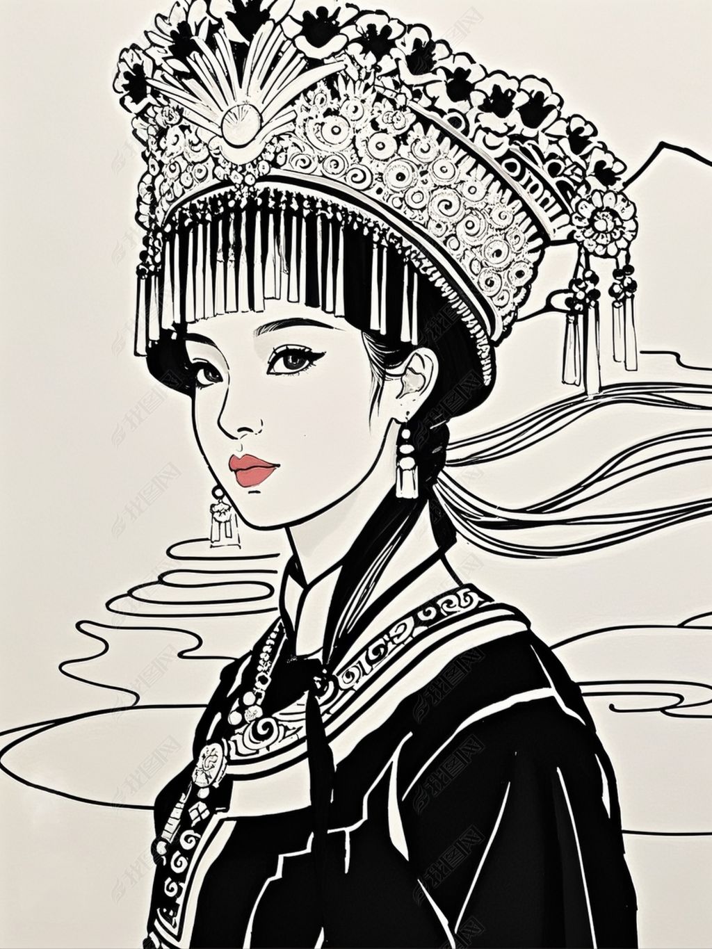 原创线描苗族女孩黑白版权可商用