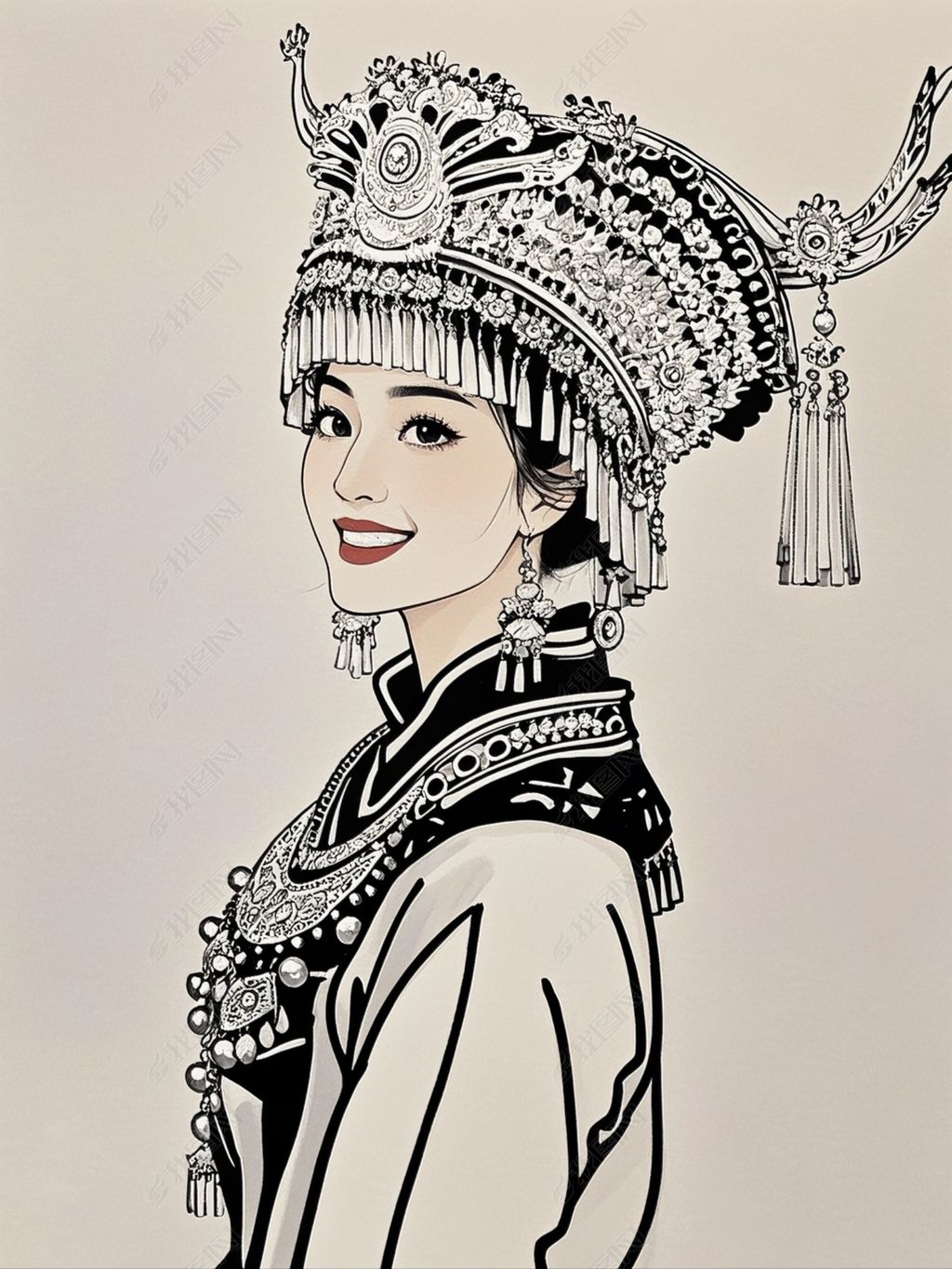 原创线描苗族女孩少数民族版权可商用