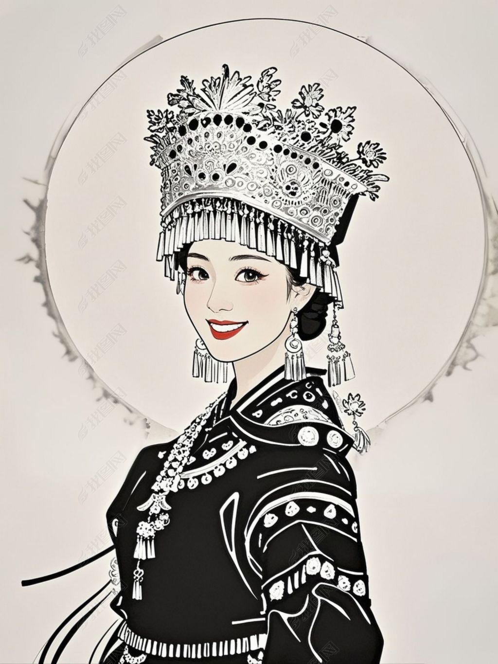 原创线描苗族女孩工笔画