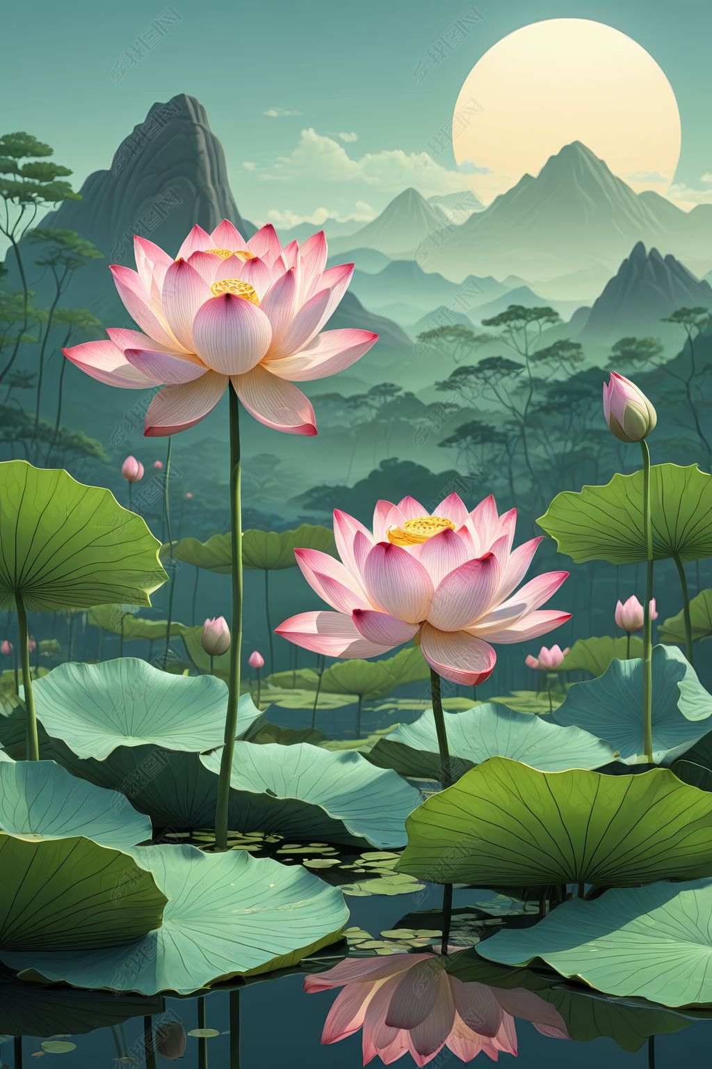 原创国潮风荷花山水背景插画立夏节气荷花概念插图插画-版权可商用
