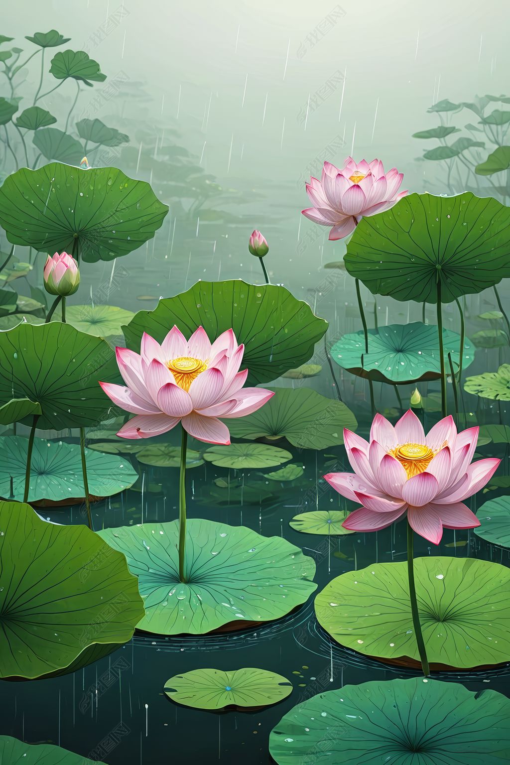 原创夏季荷塘下雨荷花盛开插画