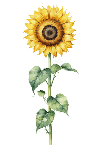 向日葵长有叶子茎手绘水彩插图孤立白色背景插