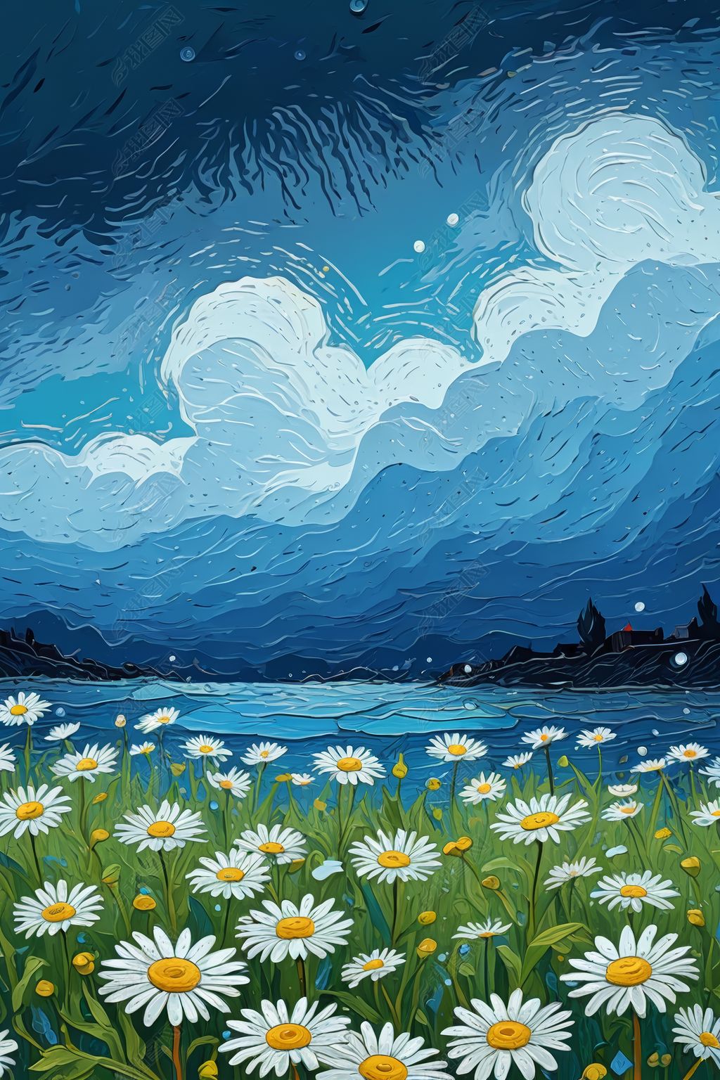 原创梵高风格雨后雏菊蓝色背景壁纸插图插画