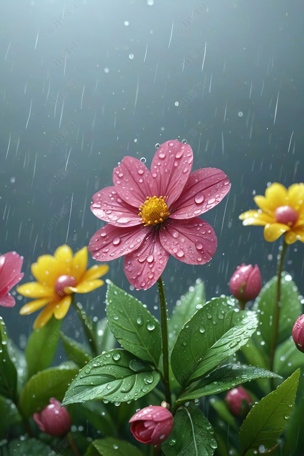 原创春天雨中一朵立体膨胀风格小花朵插画